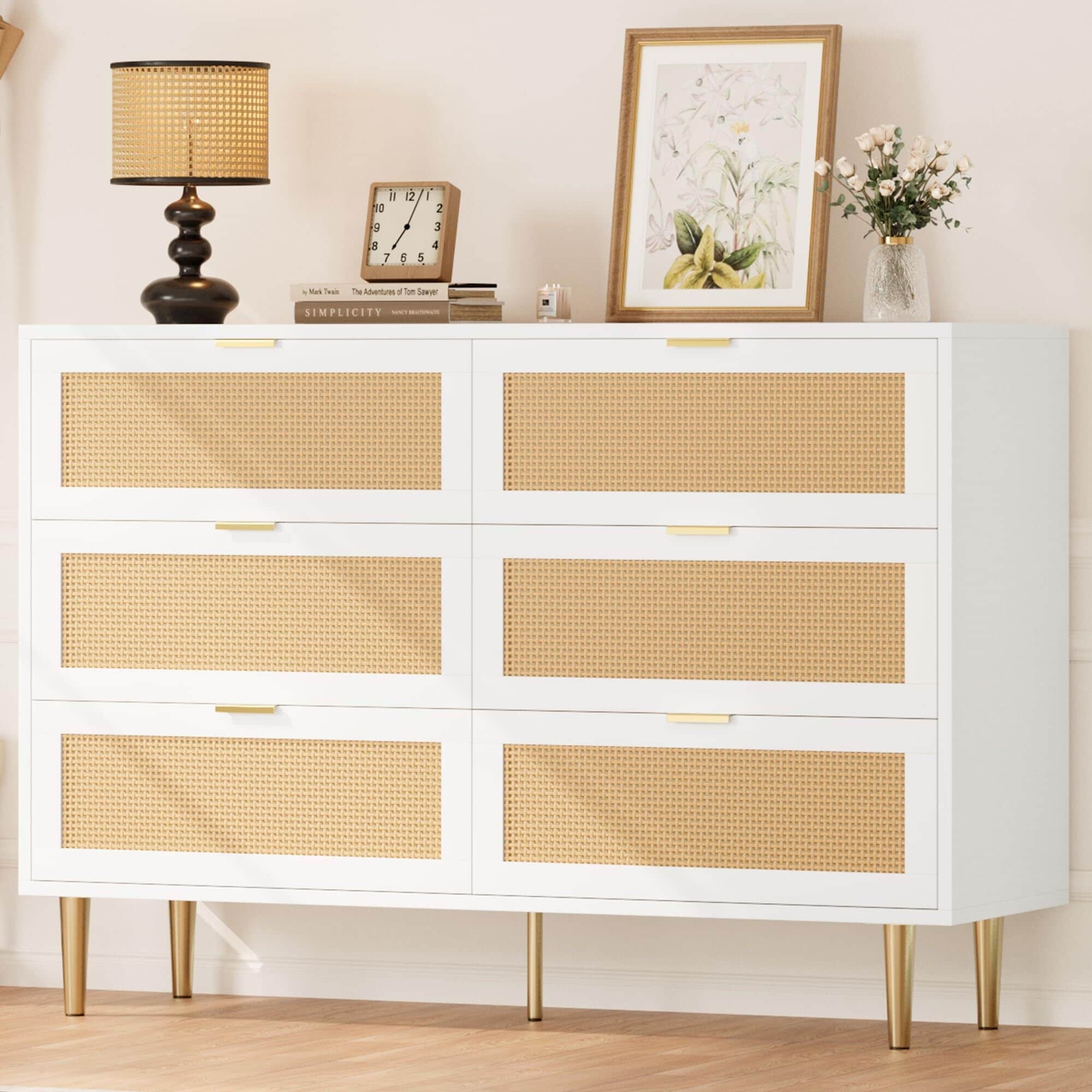 6 Drawers Dresser for Bedroom, Clothes Storage Cabinet, Wood Chest of Drawers with Gold Legs & Gold Handles