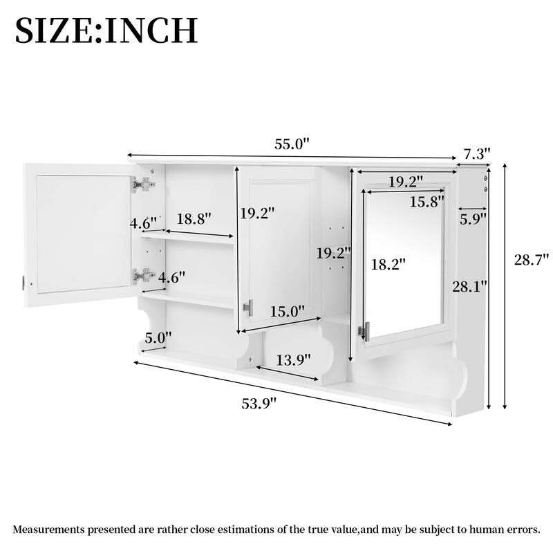 55"Mirror Medicine Cabinet with Open Shelves,Wall Mounted Storage with Doors & Mirror,Adjustable Shelf