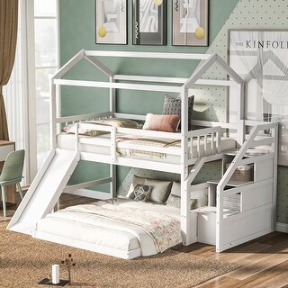 Nestfair Twin over Full House Bunk Bed with Convertible Slide and ...
