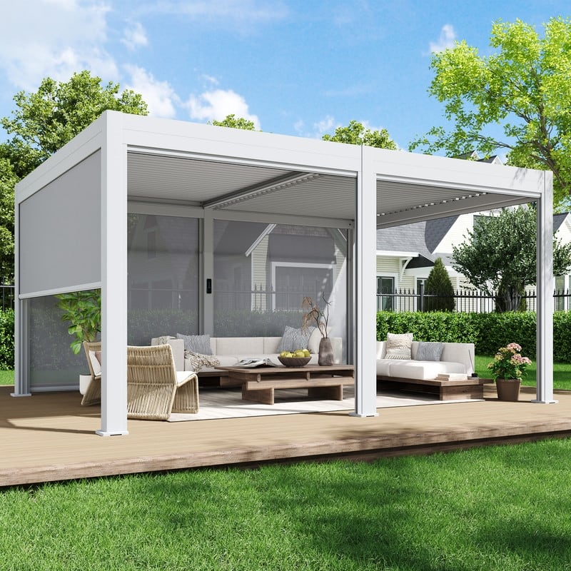 EROMMY Outdoor Louvered Pergola Gazebo with Adjustable Aluminum Rainproof Roof and Pull-Down Screen