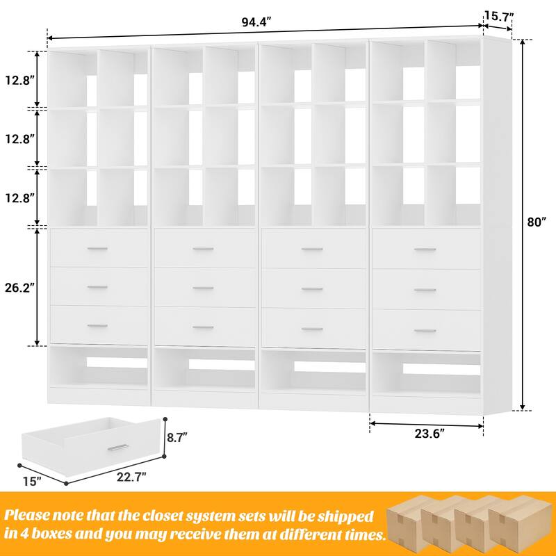 Qvella 23.6'' W Closet System with 3 Wooden Drawers and Partition Storage,Modular Closet Organizer for Walk-in/Reach-in Closet
