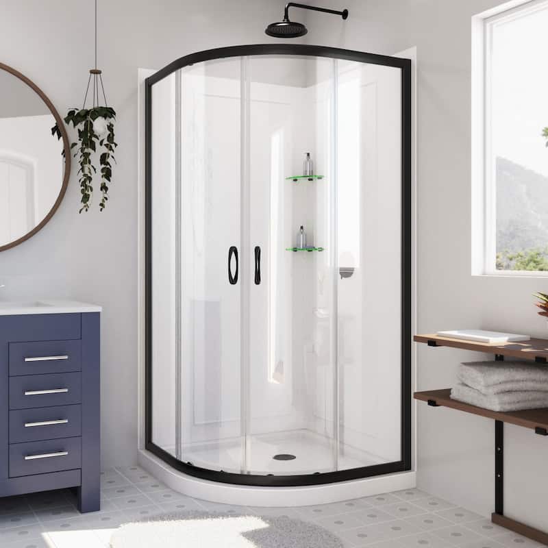 DreamLine Prime 33 in. x 33 in. x 76 3/4 in. H Shower Enclosure, Shower Base and Acrylic Backwall Kit - Satin Black Clear Glass