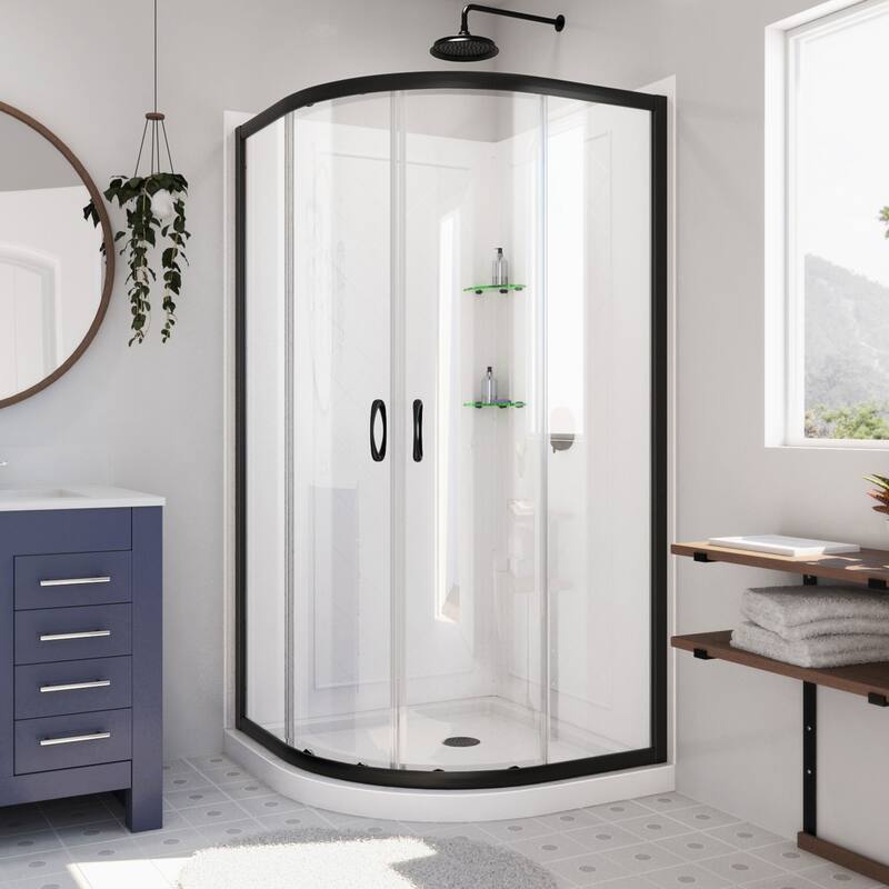 DreamLine Prime 38 in. x 38 in. x 76 3/4 in. H Shower Enclosure, Shower Base and Acrylic Backwall Kit - 38" x 38" - Satin Black; White; Clear Glass