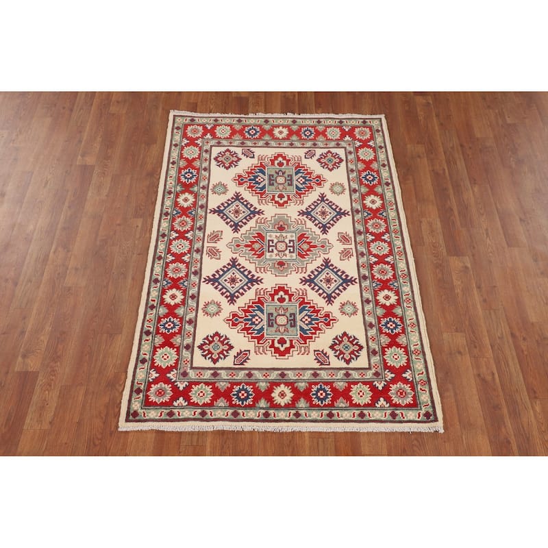 Ivory / Beige Geometric Kazak Oriental Accent Rug Handmade Wool Carpet - 3'6" x 5'1"