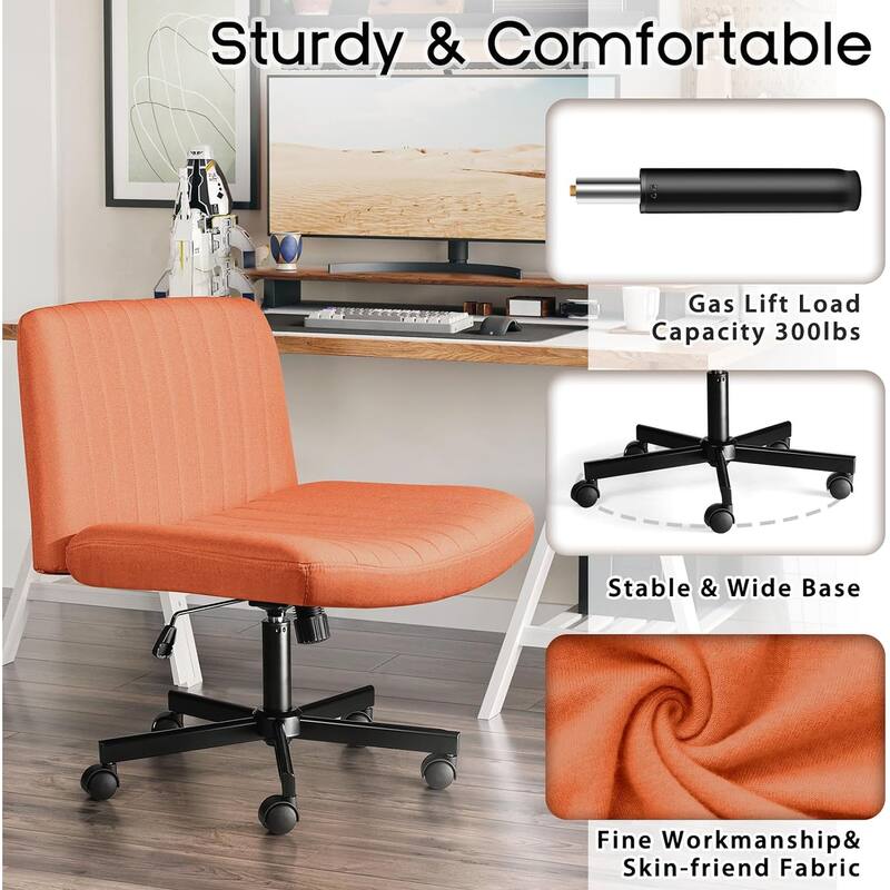 Bossin Criss Cross Chair Armless Office Desk Chair with Wheels,Fabric Padded Cross Legged Chair, Swivel Wide Seat Vanity Chair