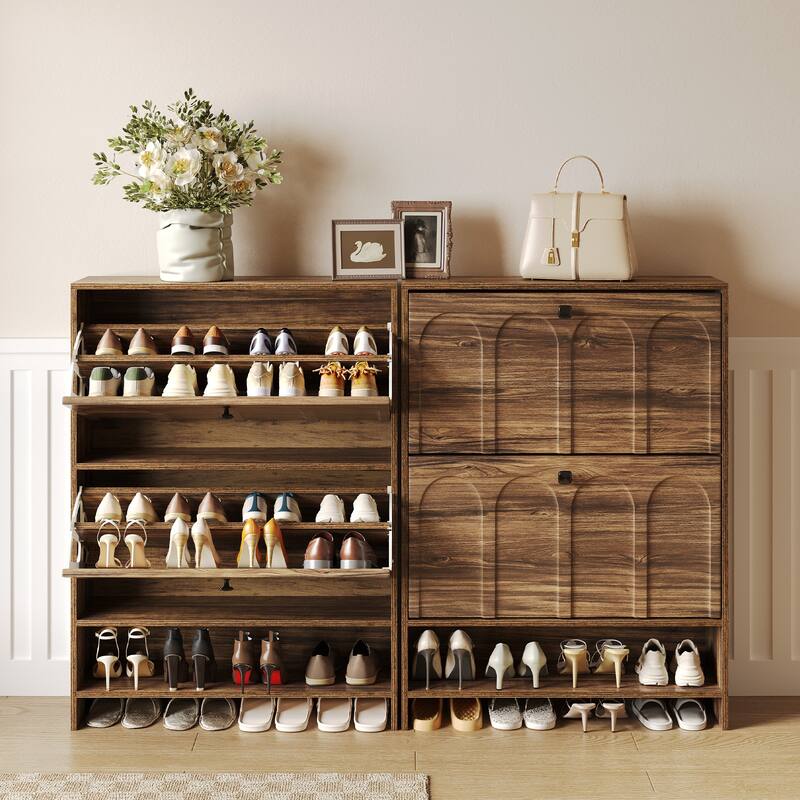 Narrow Shoe Cabinet with 2 Flip Drawers & Open Shelf