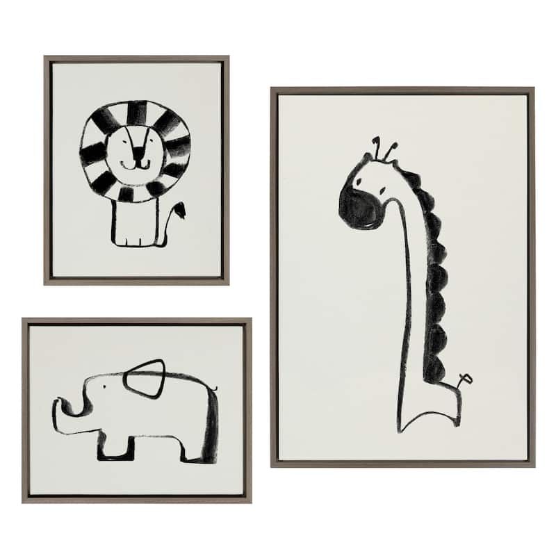 Kate and Laurel Sylvie Animal Canvas Art Set by Teju Reval - 3 Piece Set - Grey