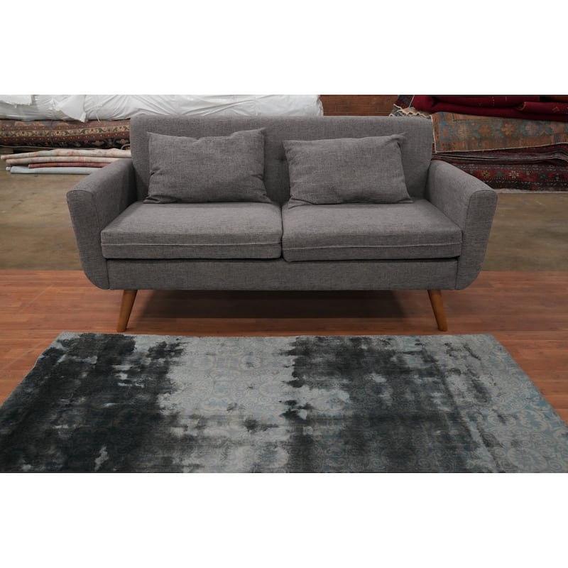 Hand Knotted Oriental Viscose Silk Carpet Modern Floral Greys & Charcoal Abstract Area Rug - 5' 11'' X 3' 9''