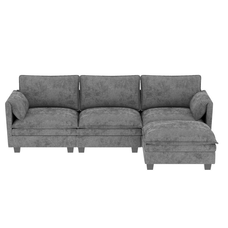 L-Shaped Sectional Sofa with Movable Ottoman, Fabric Upholstered 3 Seater Sofa, Deep Seat Sofa with Side Pockets