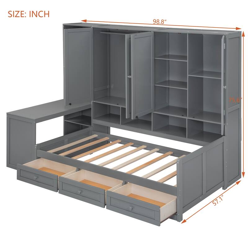 Modern Twin Daybed with All-in-One Cabinet, Desk Wooden Daybed Sofa Bed Frame with 3 Drawers, Multi-Functional Headboard