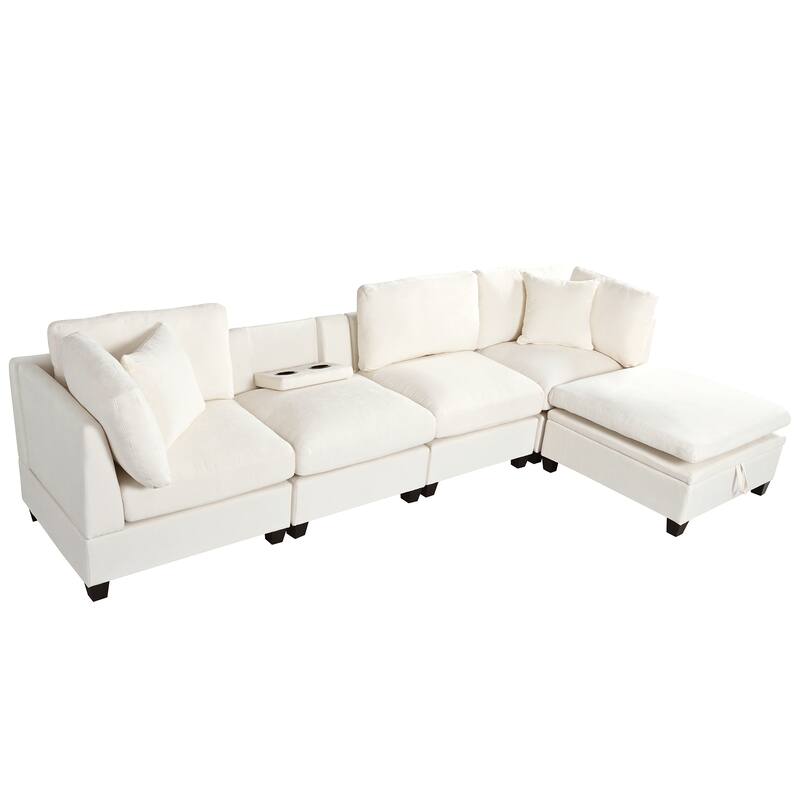 Upholstered Modular 5 - Seater Sectional Sofa with Removable Storage Ottoman & 2 Hidden Cup Holders, Beige Polyester