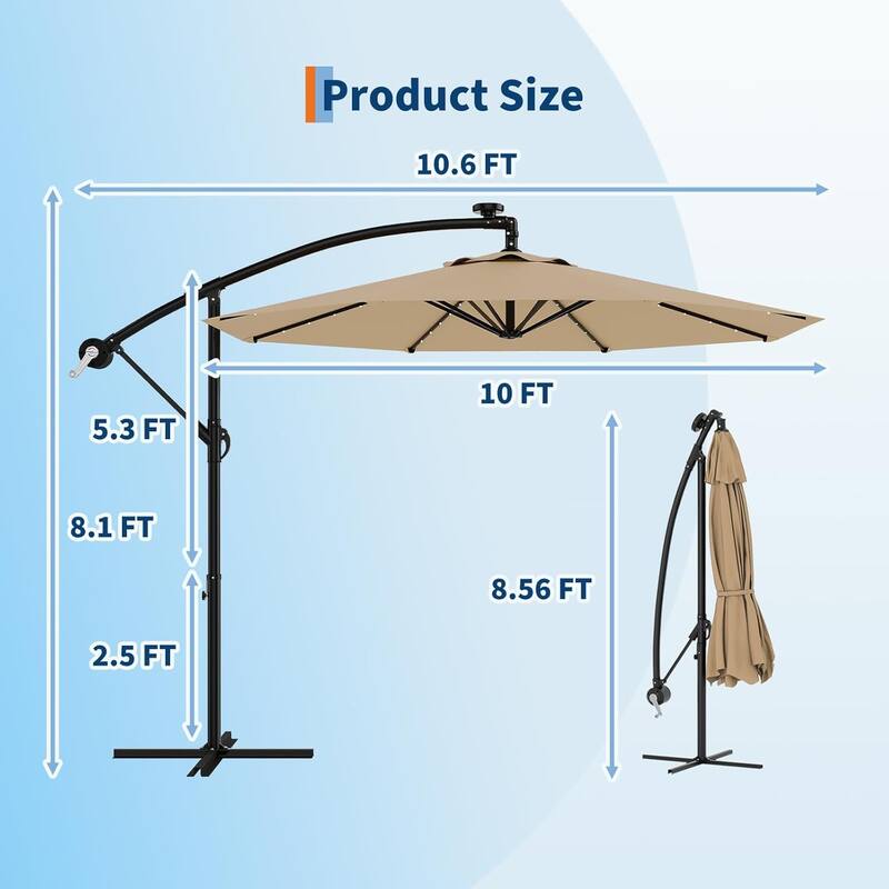 10ft Solar Lights Patio Umbrella, Cantilever Umbrella with Easy Lift and Tilt Adjustment