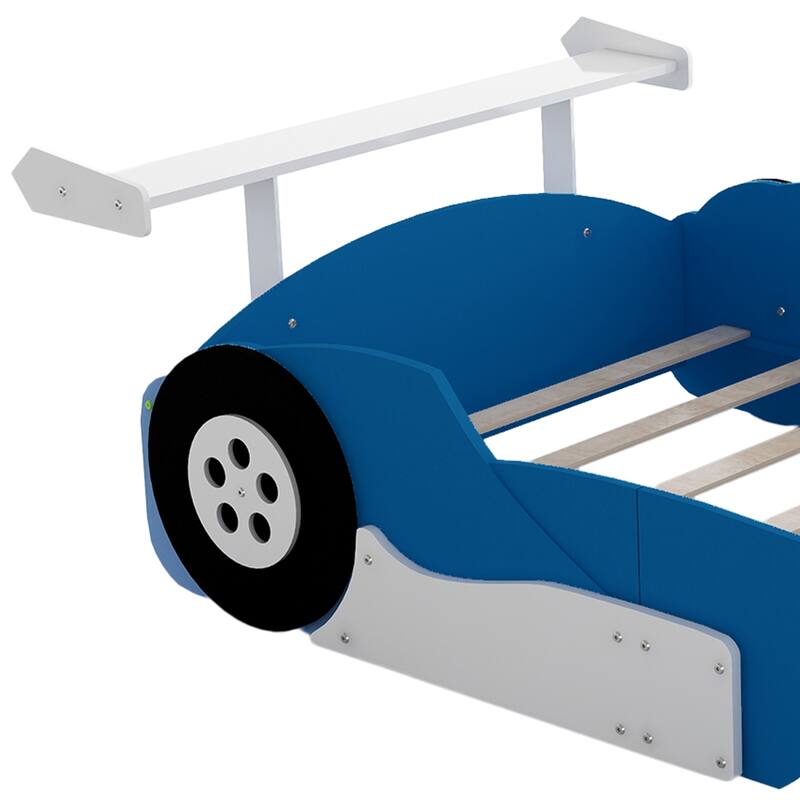 Full Size Race Car-Shaped Platform Bed with Wheels, Blue