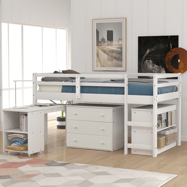 slide 2 of 50, Low Twin Loft Bed with Rolling Desk, Storage Drawers, and Bookshelf, Space-Saving Design White