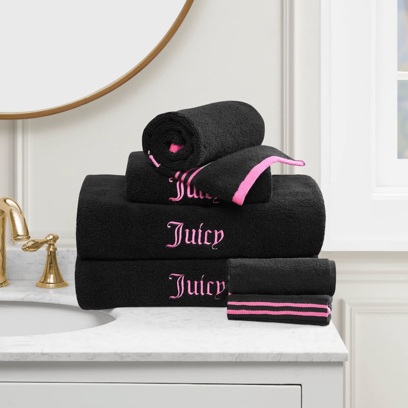 Juicy Couture Neon Border Bath Towels 6-Piece 2 Bath towels 2 Hand towels 2 Washcloths - 28"x54"/16"x26"/12"x12" - Black/Hot Pink