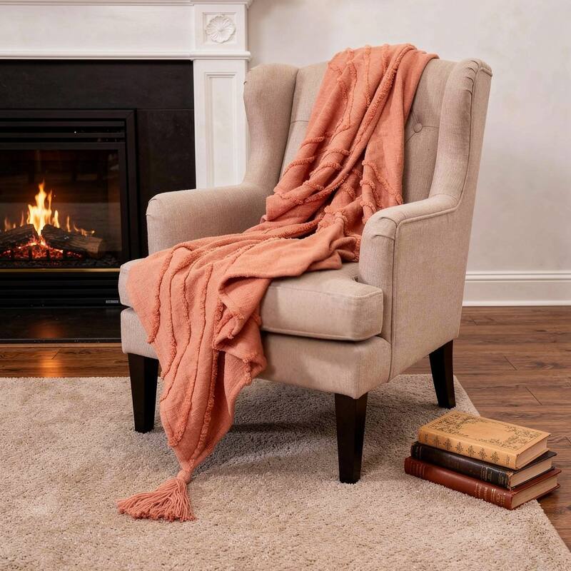 HomeRoots 50" X 60" Coral Cotton Woven Geometric Throw Blanket with Tassels - Throw - Coral