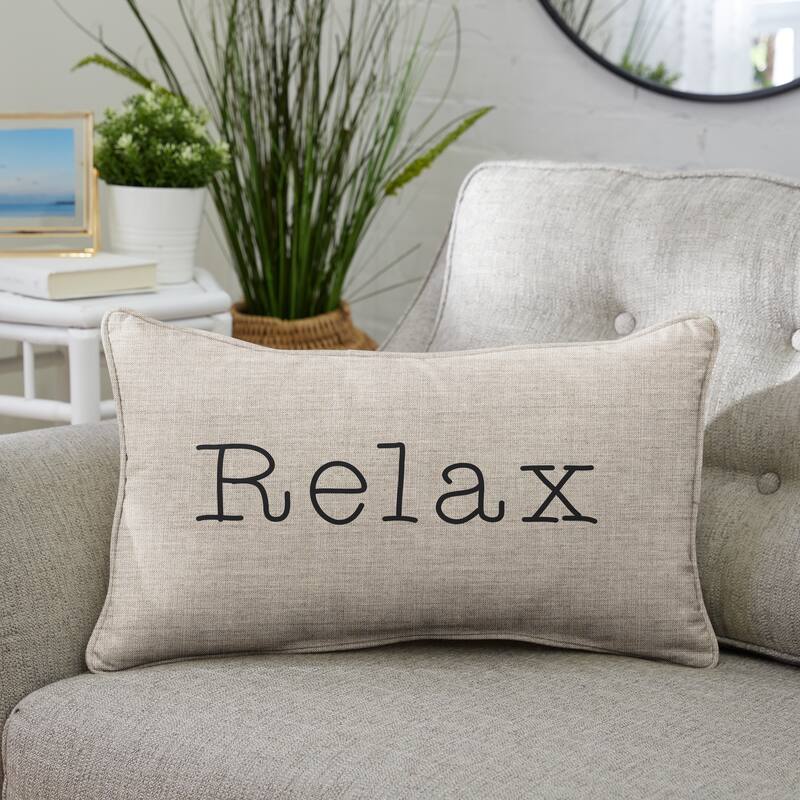 Sunbrella Canvas EMbroidered "Relax" Indoor/Outdoor 13x20 Corded Lumbar Pillow (Single) - Cast Silver with Black Words