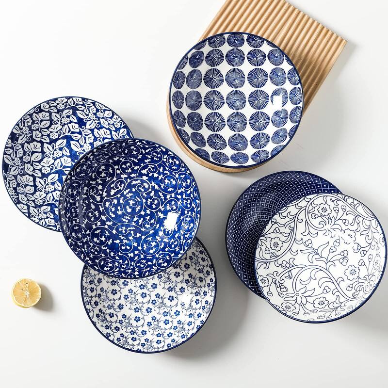 Porcelain 40oz Large Bowls 9 inch Big Pasta Salad Bowls, Microwave and Oven Safe,Set of 6