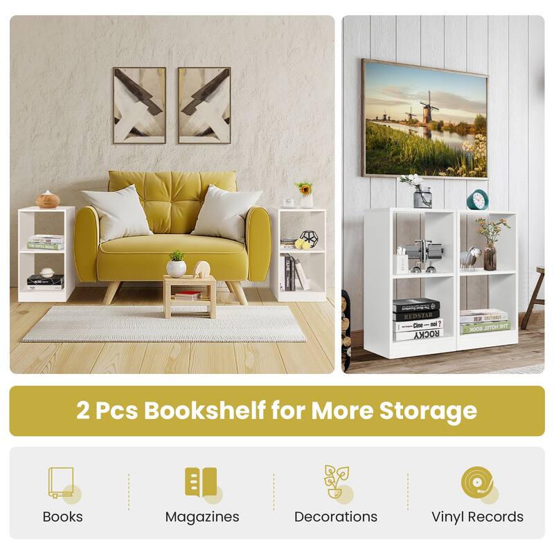 Modern Small Wooden White 2-Piece Storage Bookshelf Set with Cubes for Bedroom or Living Room - 15" x 13" x 29" (L x W x H)