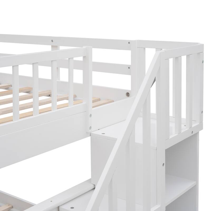 Full-Over-Full Bunk Bed with Storage Stairs and Guard Rail, White