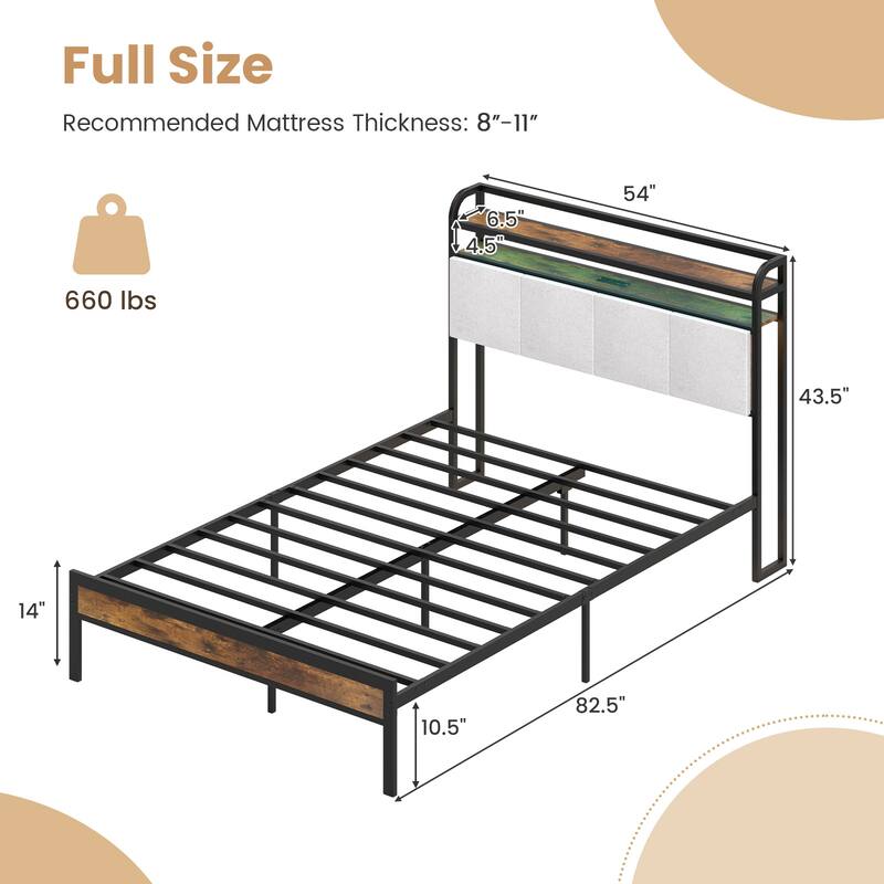 Bed Frame with LED Lights Charging Ports and Storage Headboard