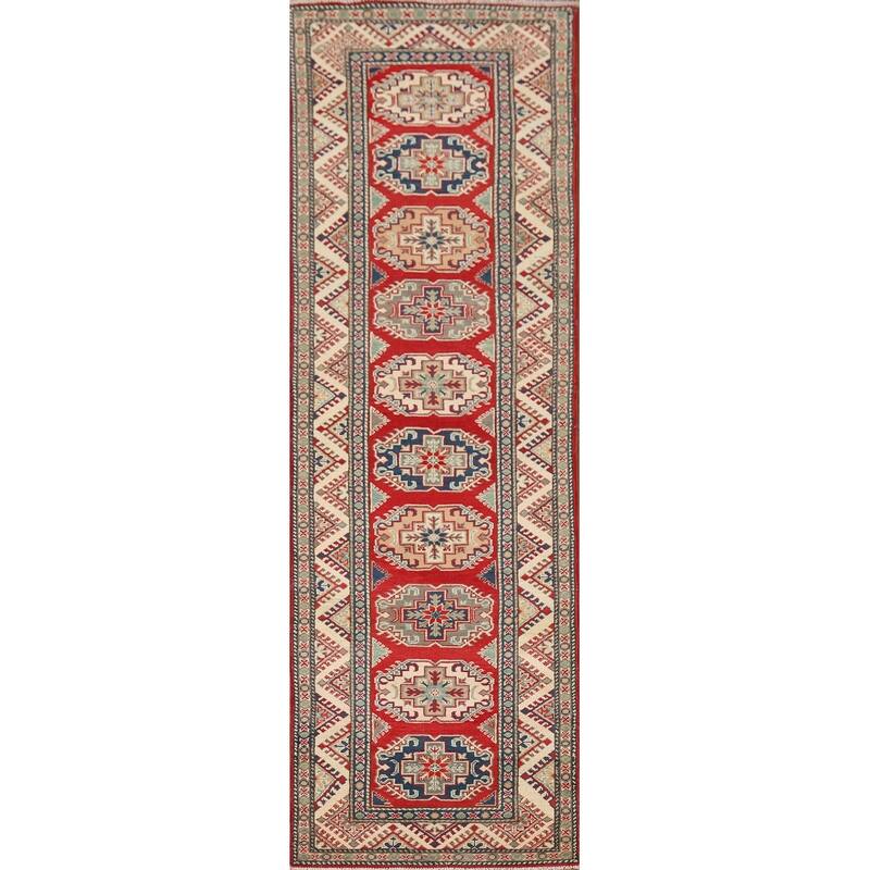 Geometric Kazak Runner Rug Handmade Wool Carpet - 2'7" x 10'7"