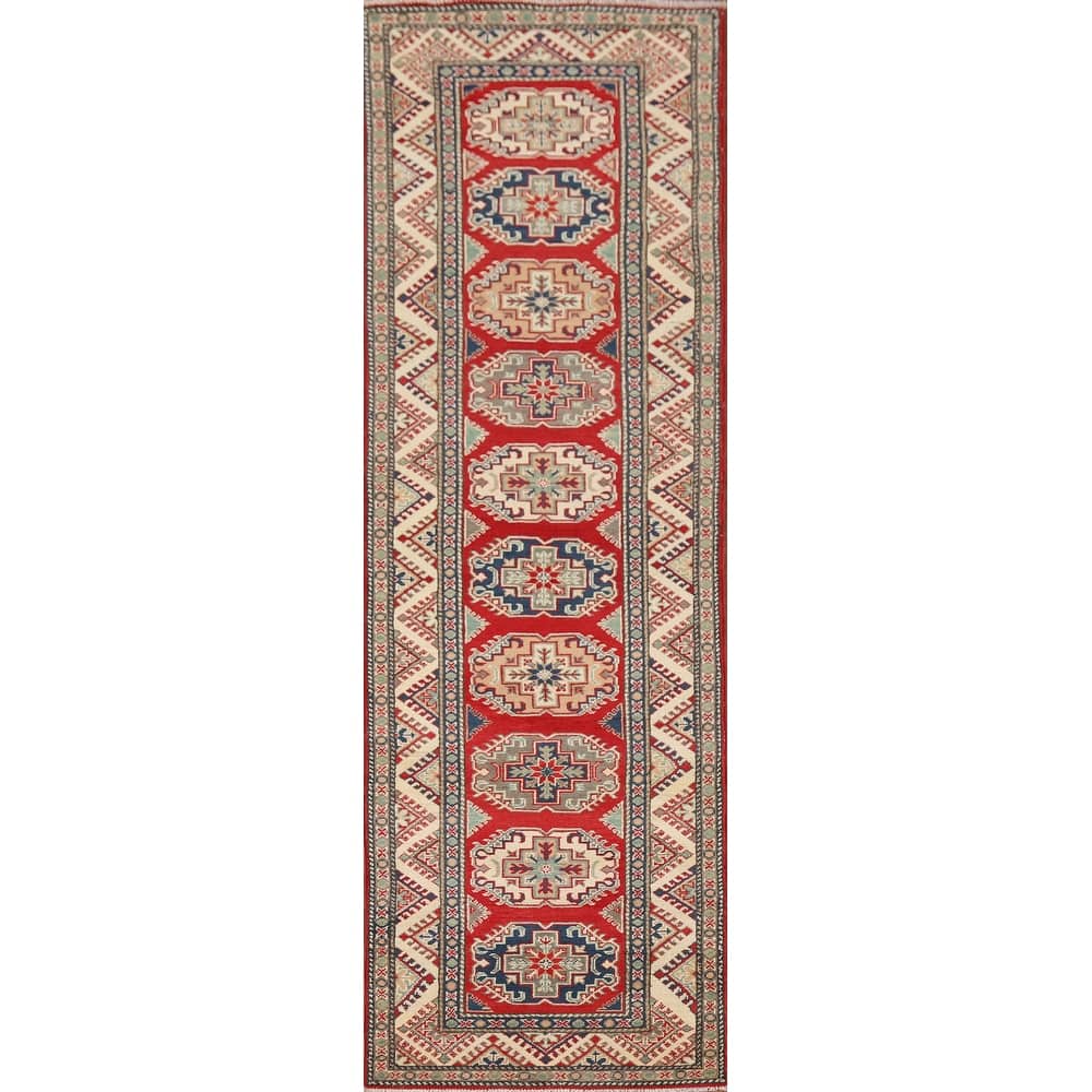 Geometric Kazak Runner Rug Handmade Wool Carpet - 2'7" x 10'7"