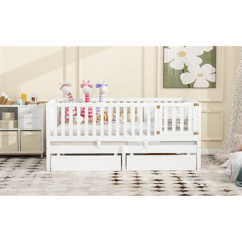 Full Size Wood Daybed with Fence Guardrails and 2 Drawers
