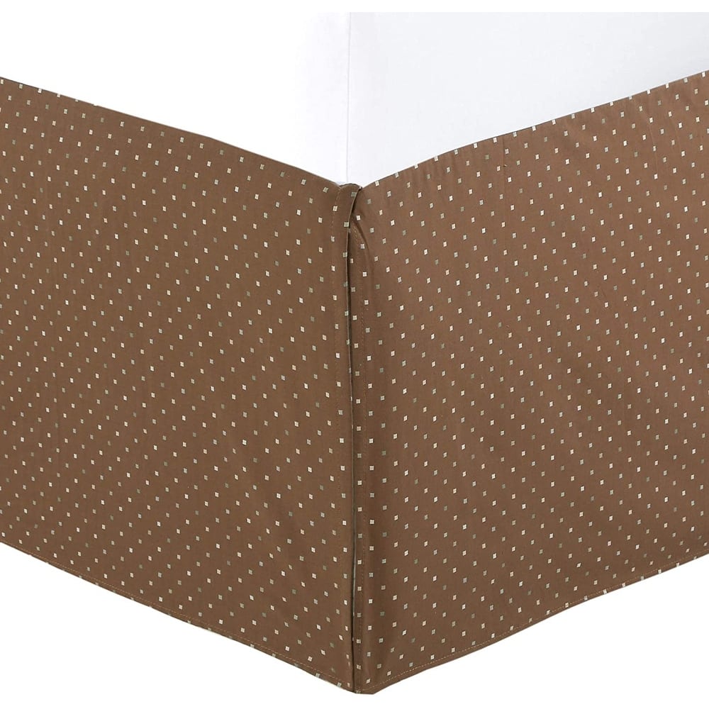 Light Brown Tan Dot Pattern Bed Skirt Cotton Yarn Dyed Pleated Dust Ruffle with Split Corners, Tailored 16" Drop