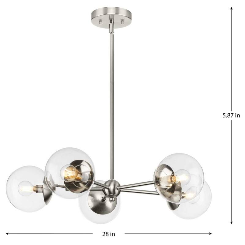 Atwell Collection Five-Light Brushed Nickel Mid-Century Modern Chandelier - 28 in x 28 in x 5.87 in