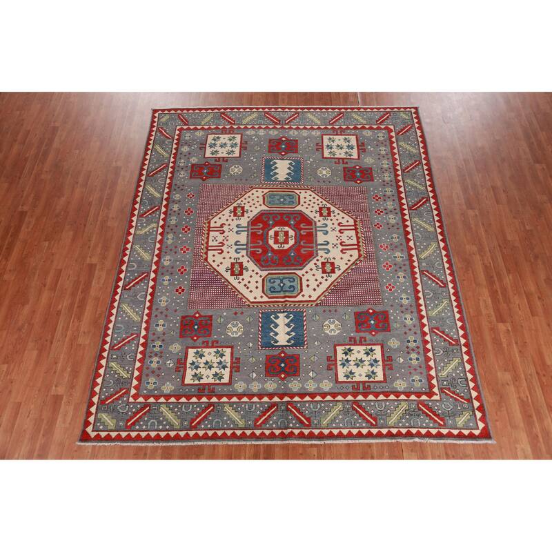 Hand Knotted Oriental 100% Wool Carpet Traditional Medallion Greys & Charcoal Kazak Area Rug - 10' 0'' X 8' 1''