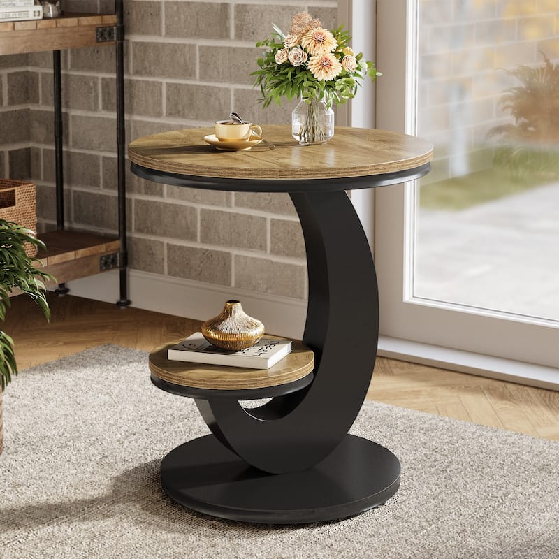 Round End Table, 2 Tiers Side Table with Storage Shelf - LightBrownBlack