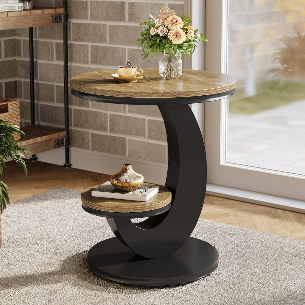 Round End Table, 2 Tiers Side Table with Storage Shelf