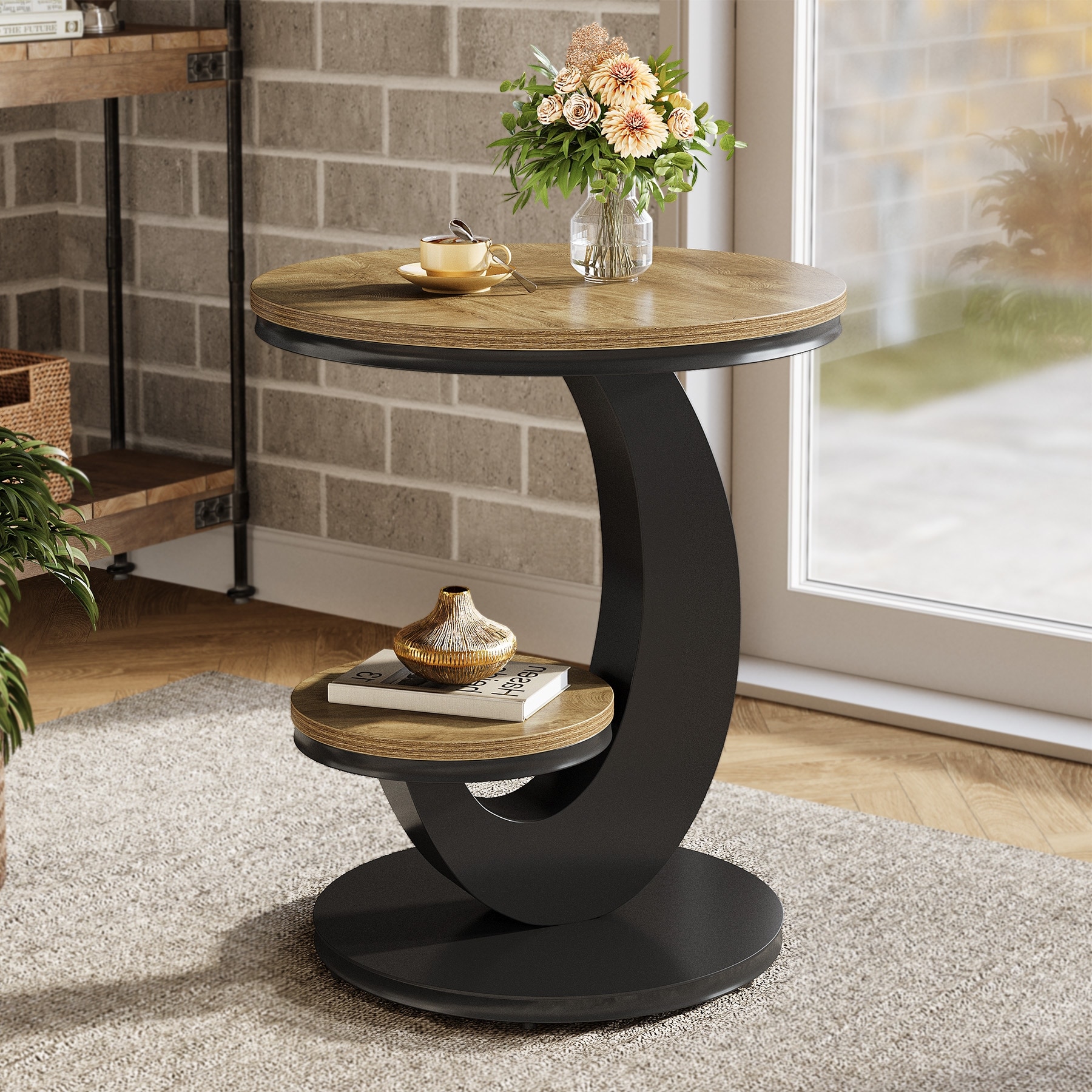 Round End Table, 2 Tiers Side Table with Storage Shelf
