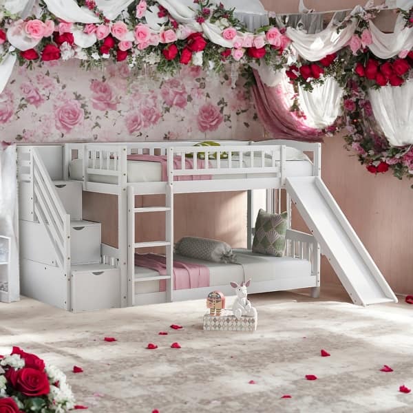 slide 2 of 9, Twin Over Twin Bunk Bed With Two Drawers With Convertible Ladder And Slide For Bedroom White