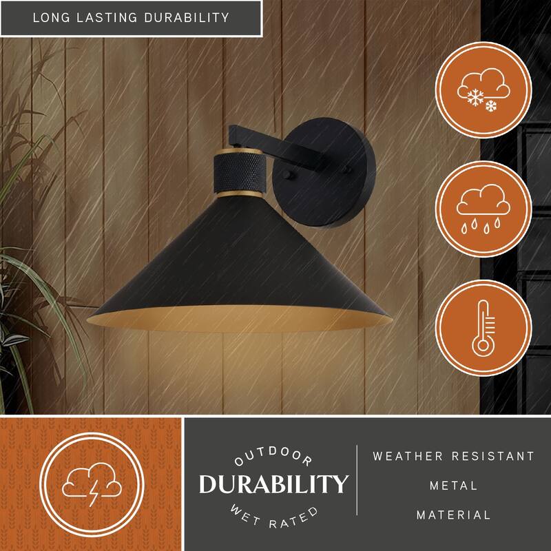 Dunbar 1 Light Matte Black and Gold Contemporary Outdoor Wall Sconce Metal Shade