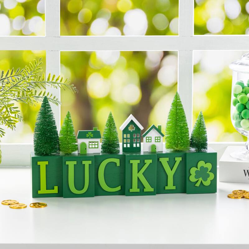 Glitzhome 14"L Valentine's/ Mardi Gras/ St. Patrick's Wooden House/Brush Trees Table Decor - Green