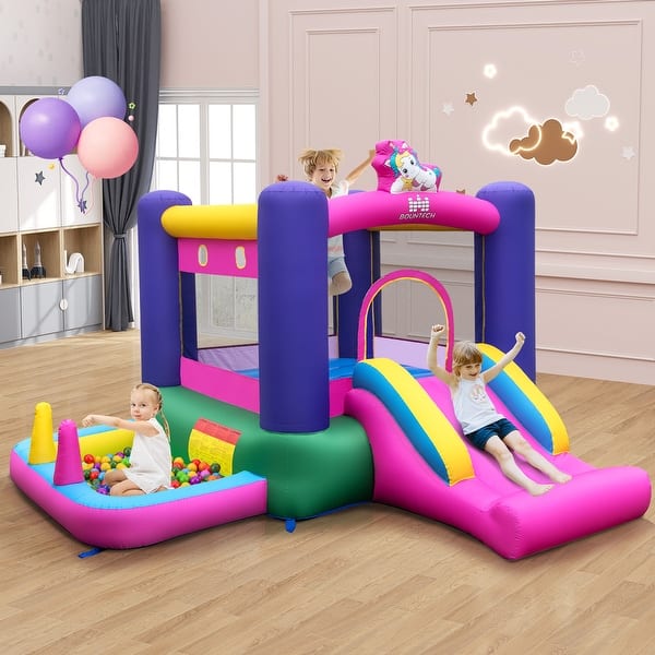 slide 2 of 9, Inflatable Bounce House with Slide Splash Pool Basketball Hoop and Ring Tossing Games - 116.5" x 113" x 72" 8-11 Years