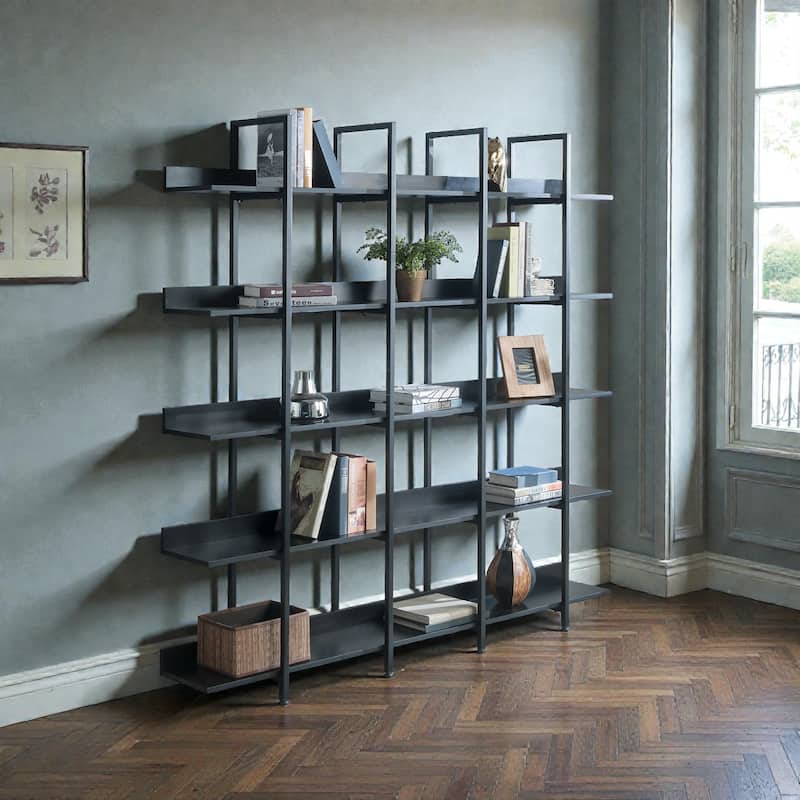 5 Tier Industrial Bookcase, Open Home Office Bookshelf with Metal Frame and MDF Shelves, Vintage Style