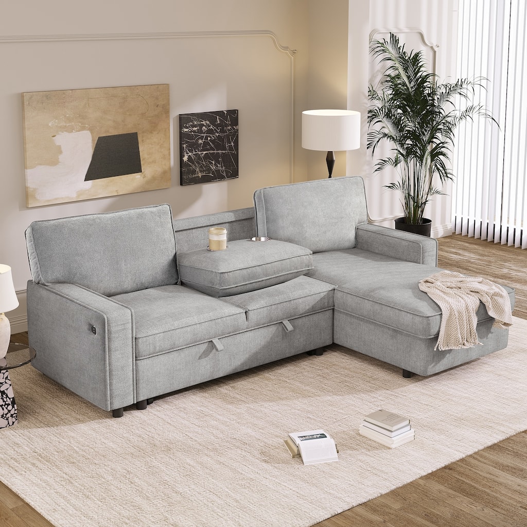 Sleeper Sectional Sofa with Storage Space,USB port,2 cup holders on Back Cushions