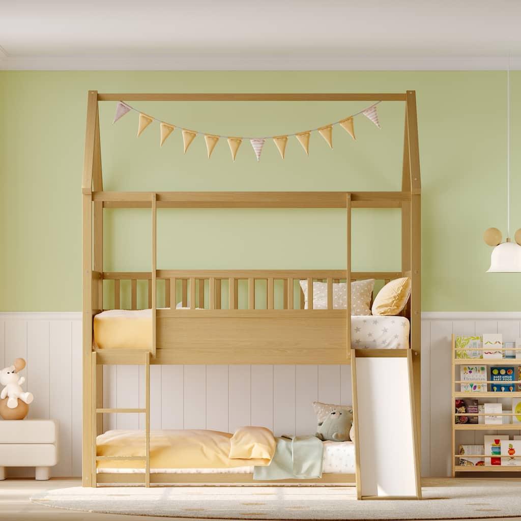 House Bunk Bed with Convertible Slide and Ladder, Floor Bunk Bed Twin Over Twin with Safety Guardrail