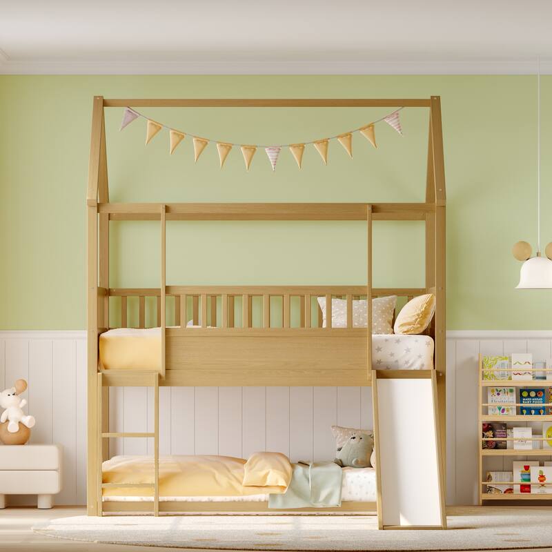 Twin Over Twin Floor Bunk Bed with Convertible Slide and Ladder, Twin Size Low Bunk Bed, Wooden House Bunk Bed Frame with Roof