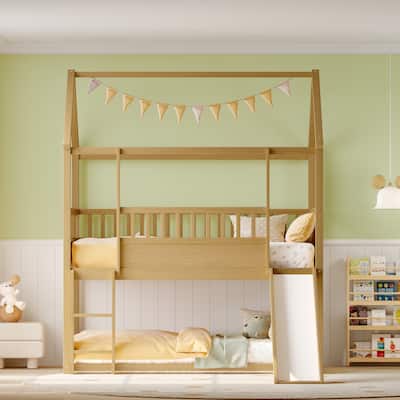 Twin Over Twin House Bunk Bed with Convertible Slide and Ladder, Safety Guardrails, Pine Wood Frame