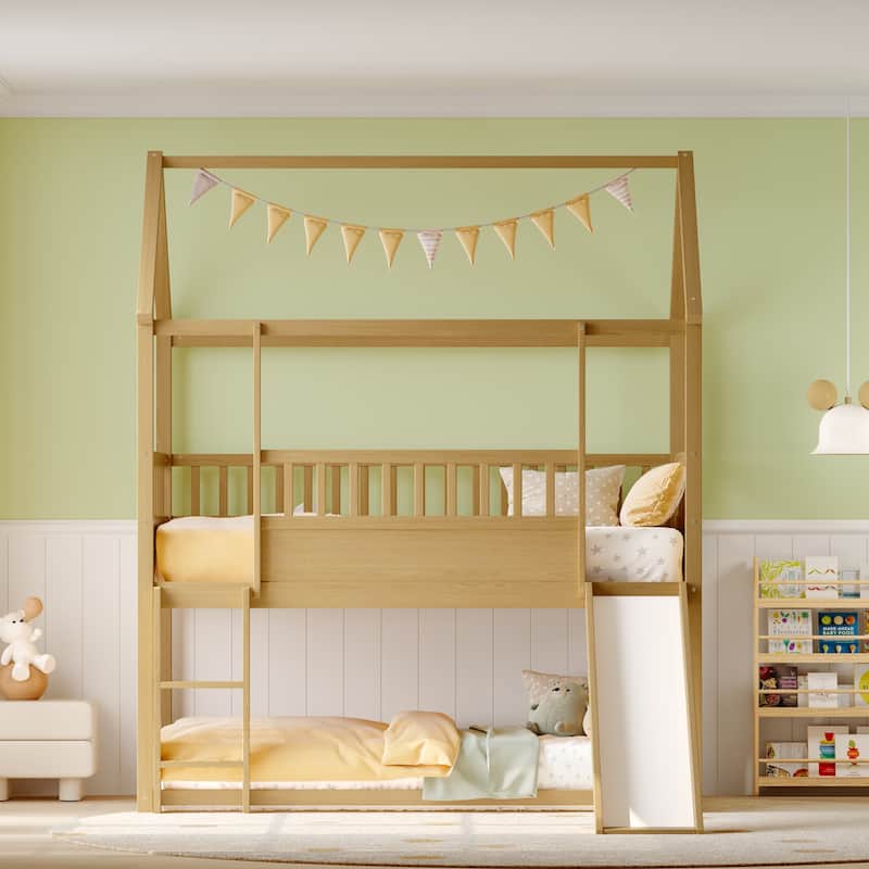 Twin Size House Bunk Bed with Slide and Ladder, Low Profile Wooden Frame with Guardrails, Convertible Entry Options - Natural Wood