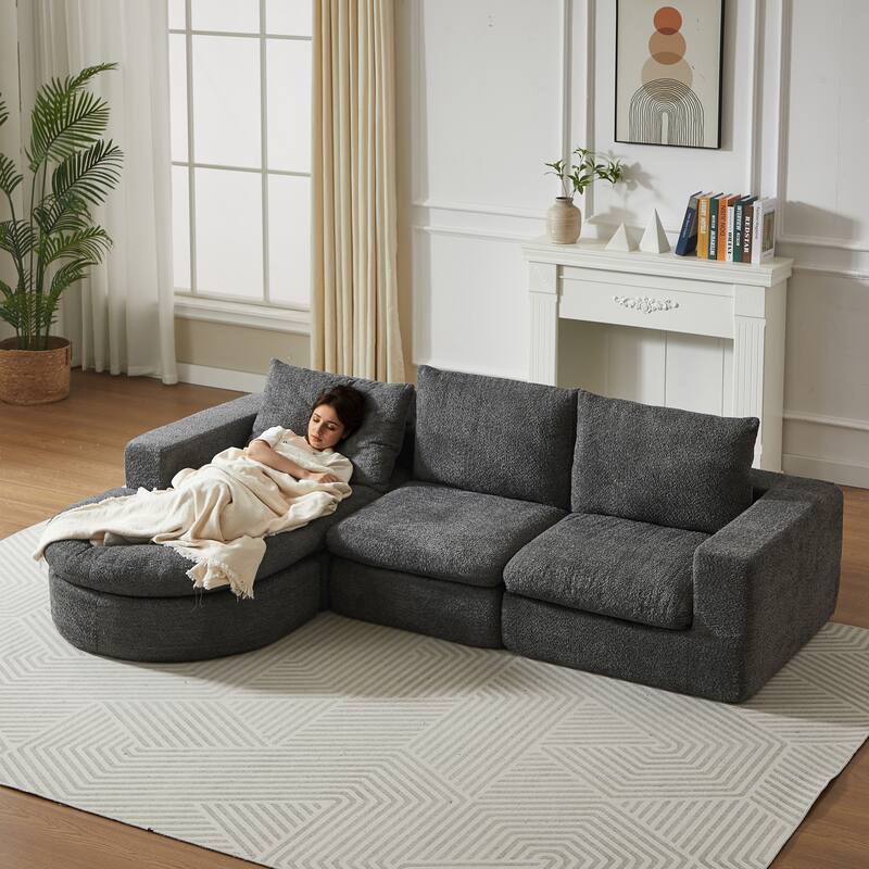 Curved Sectional Sofa with L-Shape Chaise, Chenille Upholstered Boneless Cloud Sofa, Modular 4 Seat Corner Sofa with Cushions