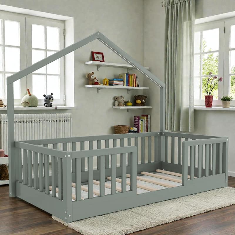 Wood Floor Bed with High Guardrails and LED Light, Montessori Style Low Profile Bed for Kids