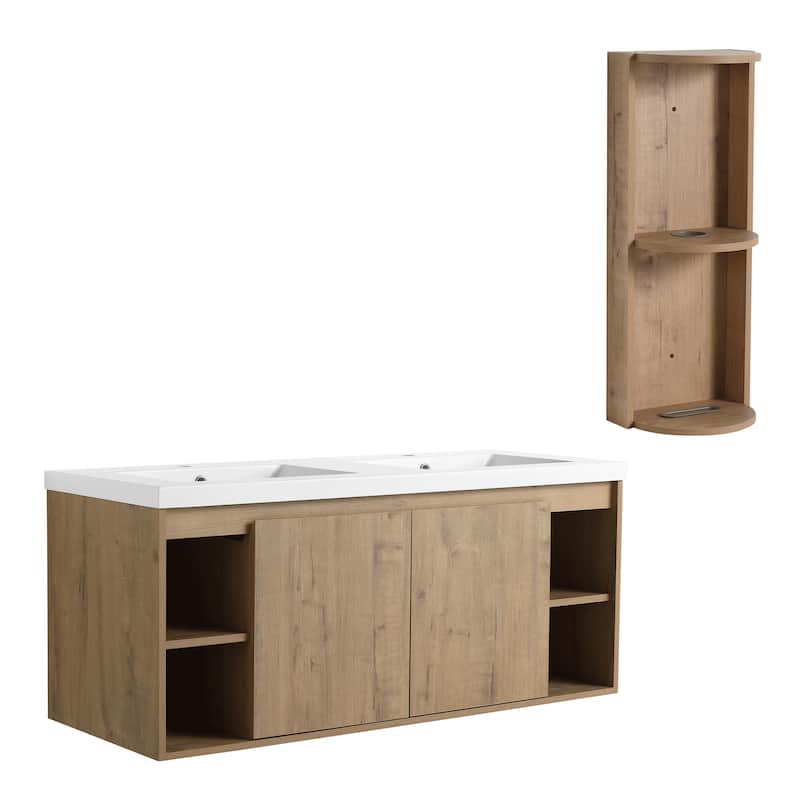 Wall-Mounted Bathroom Vanity With Double Sink and Storage Rack