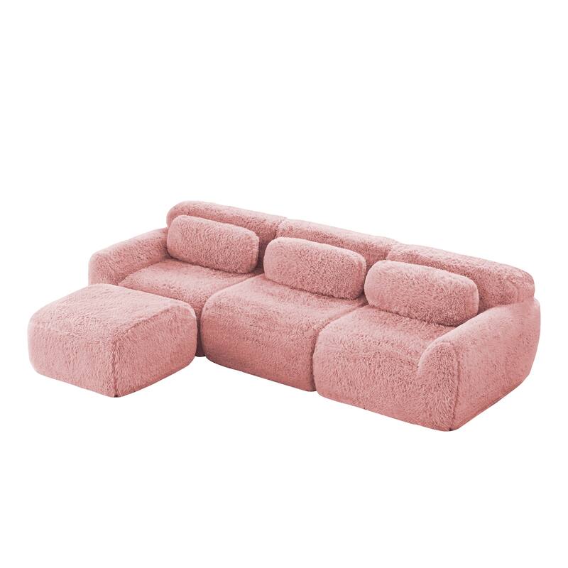 Anmytek Modern L-Shaped Boneless Sofa - Soft Fluffy Plush 32D High Density Sponge with Throw Pillows Movable Ottoman