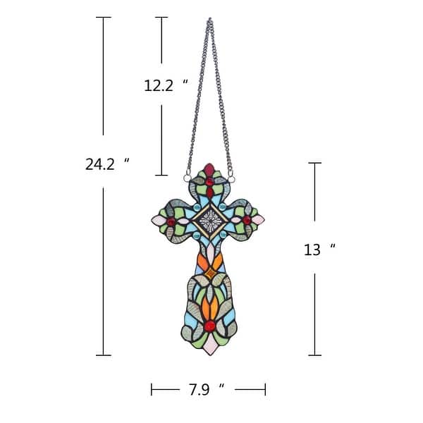 dimension image slide 0 of 3, 13" x 8" Victorian Design Cross Stained Glass Panel/ Suncatcher