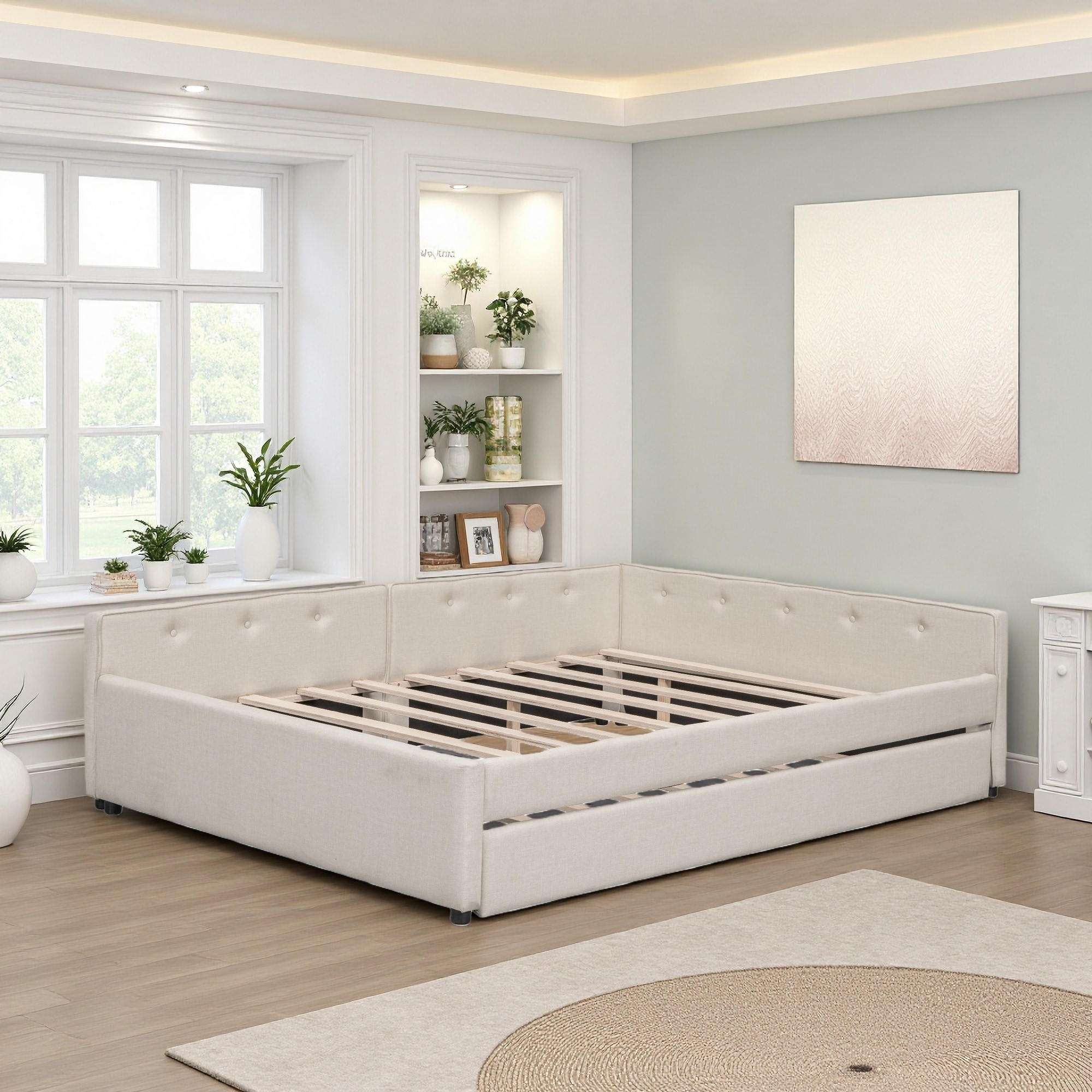 Queen Linen Upholstered Platform Bed with USB, Twin Trundle, Wood + MDF, Sturdy